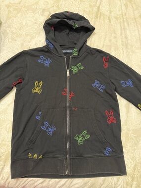 Psycho Bunny Black Hoodie with Red, Blue, Green & Yellow Bunny Embroidery
